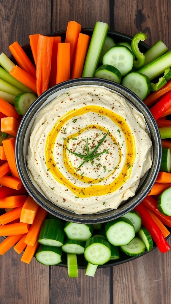 Creamy Feta Vegetable Dip Recipe A colorful bowl of feta vegetable dip with fresh veggies on a wooden table.